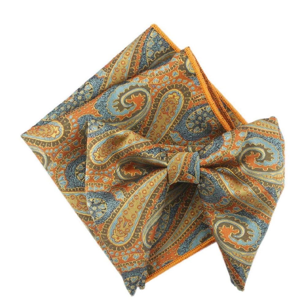 Mens Over Sized Bow Tie Pocket Square Set Paisley